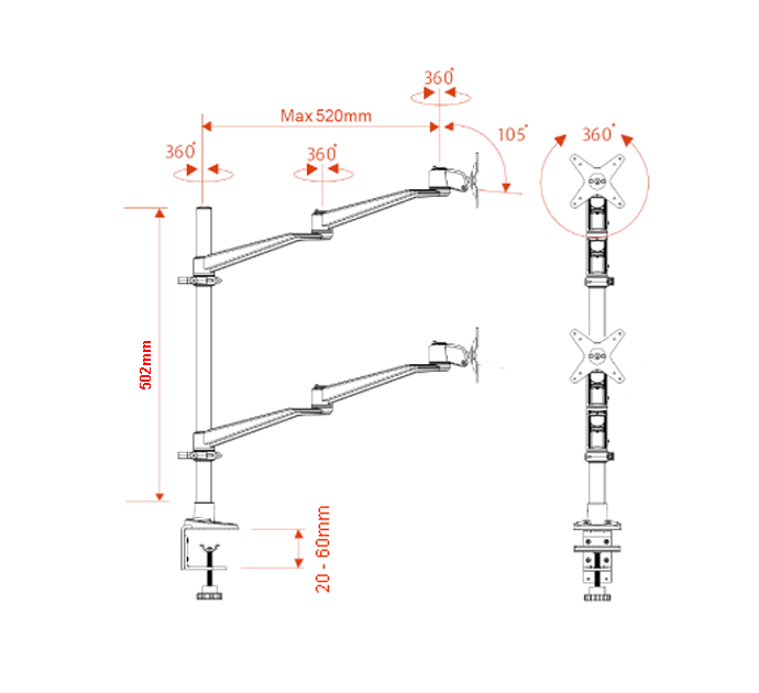 Infinite Dual Monitor Arm MR122DV Drawing Infinite Dual Monitor Arm MR122DV Drawing