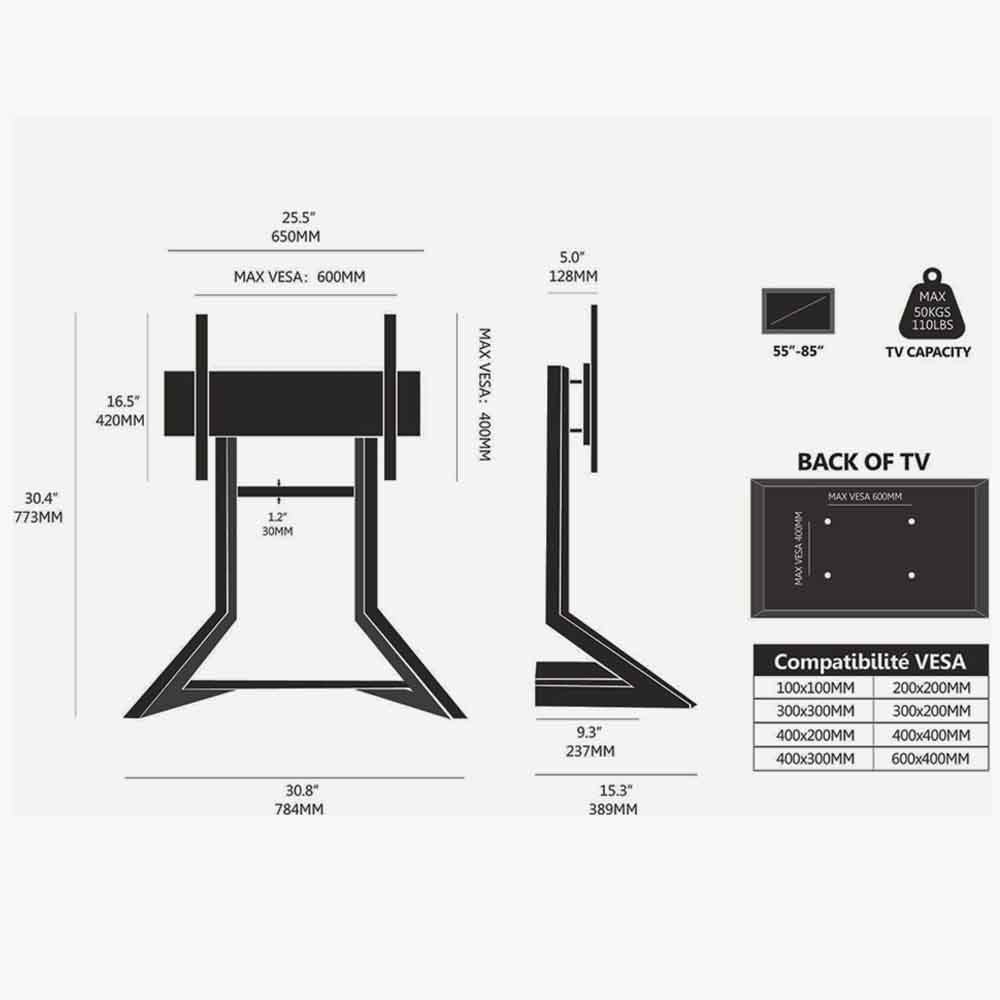 T3 Mobile TV Stand Dimensions